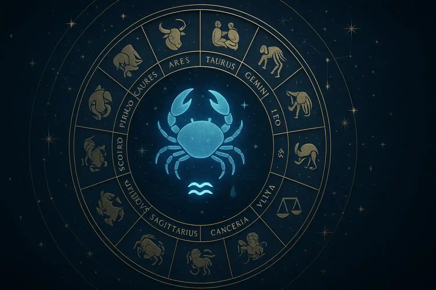 A zodiac wheel highlighting Cancer, with the crab symbol and water element